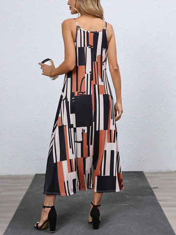 Women's Loose Casual Geometric Print Strap Dress For Holiday