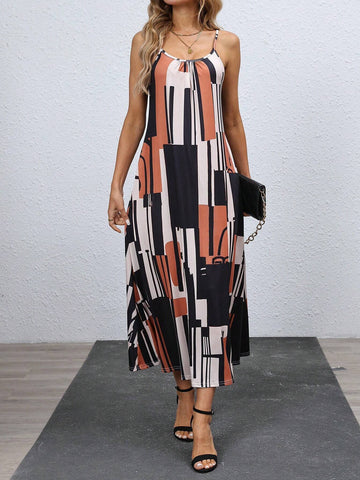 Women's Loose Casual Geometric Print Strap Dress For Holiday