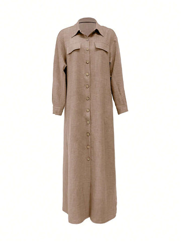 Women's Loose Casual Shirt Dress With Pockets, For Summer And Autumn