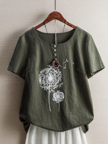LUNE Women's Loose Fit Dandelion Print Round Neck Short Sleeve Shirt, Summer
