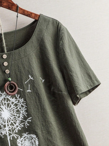 LUNE Women's Loose Fit Dandelion Print Round Neck Short Sleeve Shirt, Summer