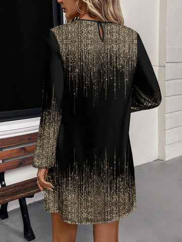 Women's Loose Glitter Sequin Round Neck Long Sleeve Dress, Suitable For Autumn/Winter