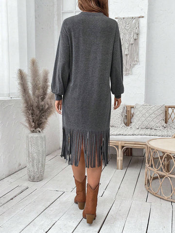 Women's Loose Lantern Sleeve Sequin Decor Tassel Hemline Mini Dress