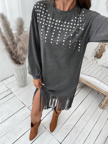 Women's Loose Lantern Sleeve Sequin Decor Tassel Hemline Mini Dress