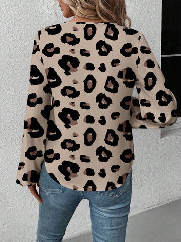 LUNE Women's Loose Leopard Print V-Neck Long Sleeve Shirt, Casual Fit For Autumn/Winter