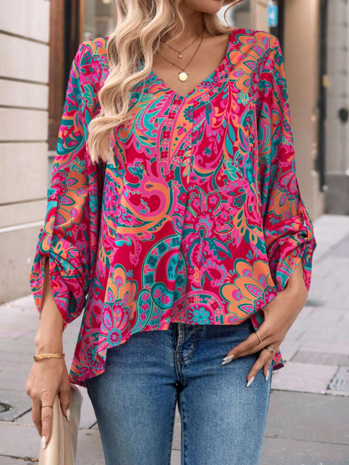 LUNE Women's Loose Retro Printed Vacation Shirt With V-Neck