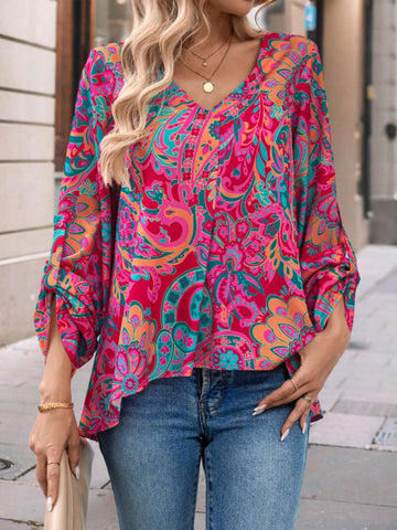 LUNE Women's Loose Retro Printed Vacation Shirt With V-Neck