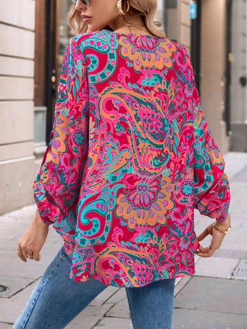 LUNE Women's Loose Retro Printed Vacation Shirt With V-Neck