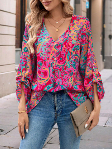 LUNE Women's Loose Retro Printed Vacation Shirt With V-Neck