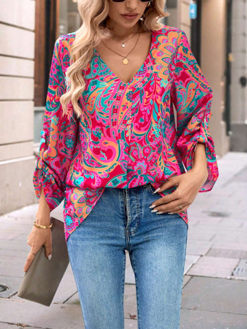 LUNE Women's Loose Retro Printed Vacation Shirt With V-Neck