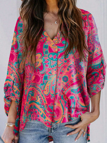 LUNE Women's Loose Retro Printed Vacation Shirt With V-Neck