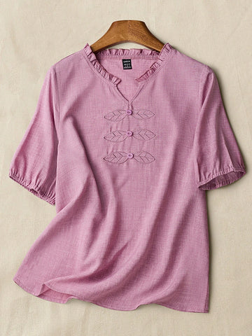 LUNE Women's Lotus Root Pink Woven Small V-Neck Embroidered Shirt