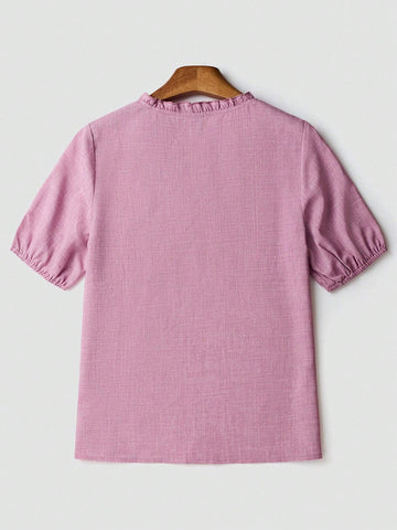 LUNE Women's Lotus Root Pink Woven Small V-Neck Embroidered Shirt