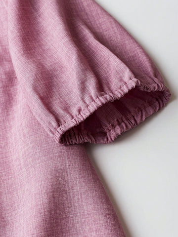 LUNE Women's Lotus Root Pink Woven Small V-Neck Embroidered Shirt