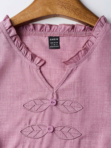 LUNE Women's Lotus Root Pink Woven Small V-Neck Embroidered Shirt