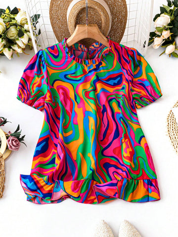 LUNE Women's Marble Print Wide Neckline Short Puff Sleeve Loose Shirt For Summer Vacation