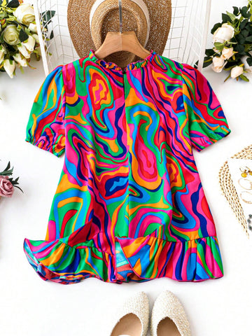 LUNE Women's Marble Print Wide Neckline Short Puff Sleeve Loose Shirt For Summer Vacation