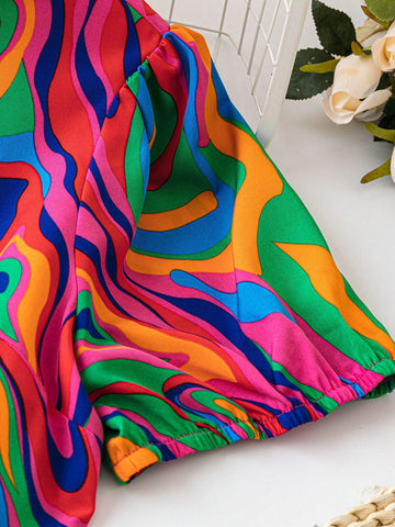 LUNE Women's Marble Print Wide Neckline Short Puff Sleeve Loose Shirt For Summer Vacation