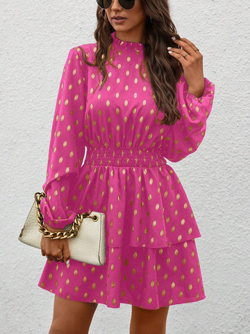 Women's Metallic Print Waist Fitted Long Sleeve Dress