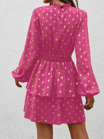 Women's Metallic Print Waist Fitted Long Sleeve Dress