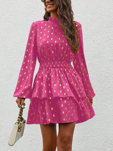 Women's Metallic Print Waist Fitted Long Sleeve Dress