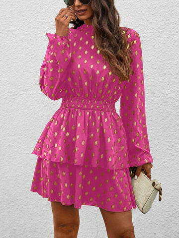 Women's Metallic Print Waist Fitted Long Sleeve Dress