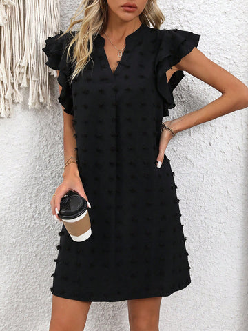 Women's Notched V-Neck Short Flying Sleeve Mini Dress