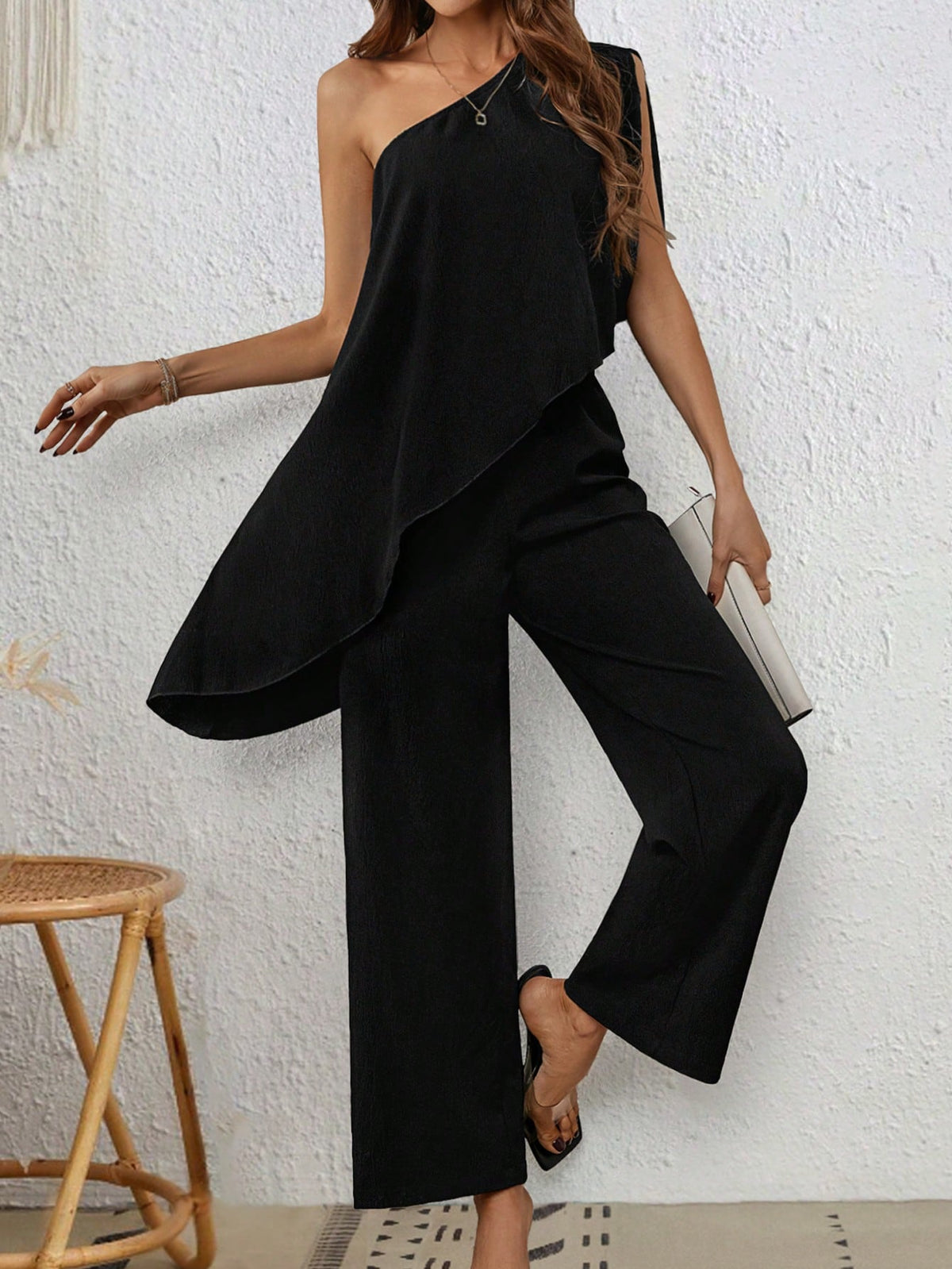 Women's Oblique Shoulder Long Top And Pants Set