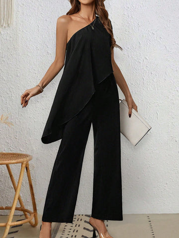 Women's Oblique Shoulder Long Top And Pants Set