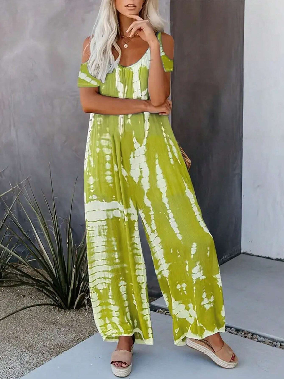 Women's Off-Shoulder Tie-Dye Jumpsuit Wide-Legged Pants, Loose Fit, Summer