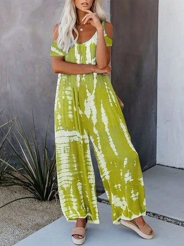 Women's Off-Shoulder Tie-Dye Jumpsuit Wide-Legged Pants, Loose Fit, Summer