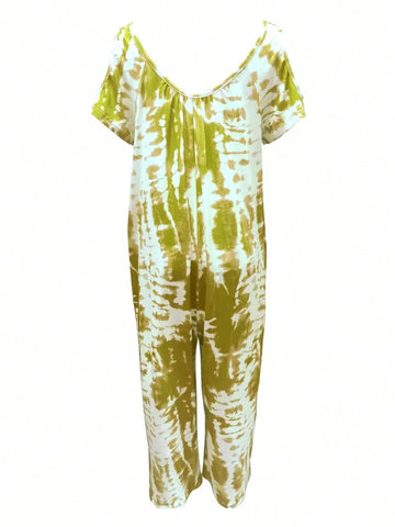 Women's Off-Shoulder Tie-Dye Jumpsuit Wide-Legged Pants, Loose Fit, Summer