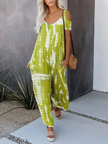 Women's Off-Shoulder Tie-Dye Jumpsuit Wide-Legged Pants, Loose Fit, Summer
