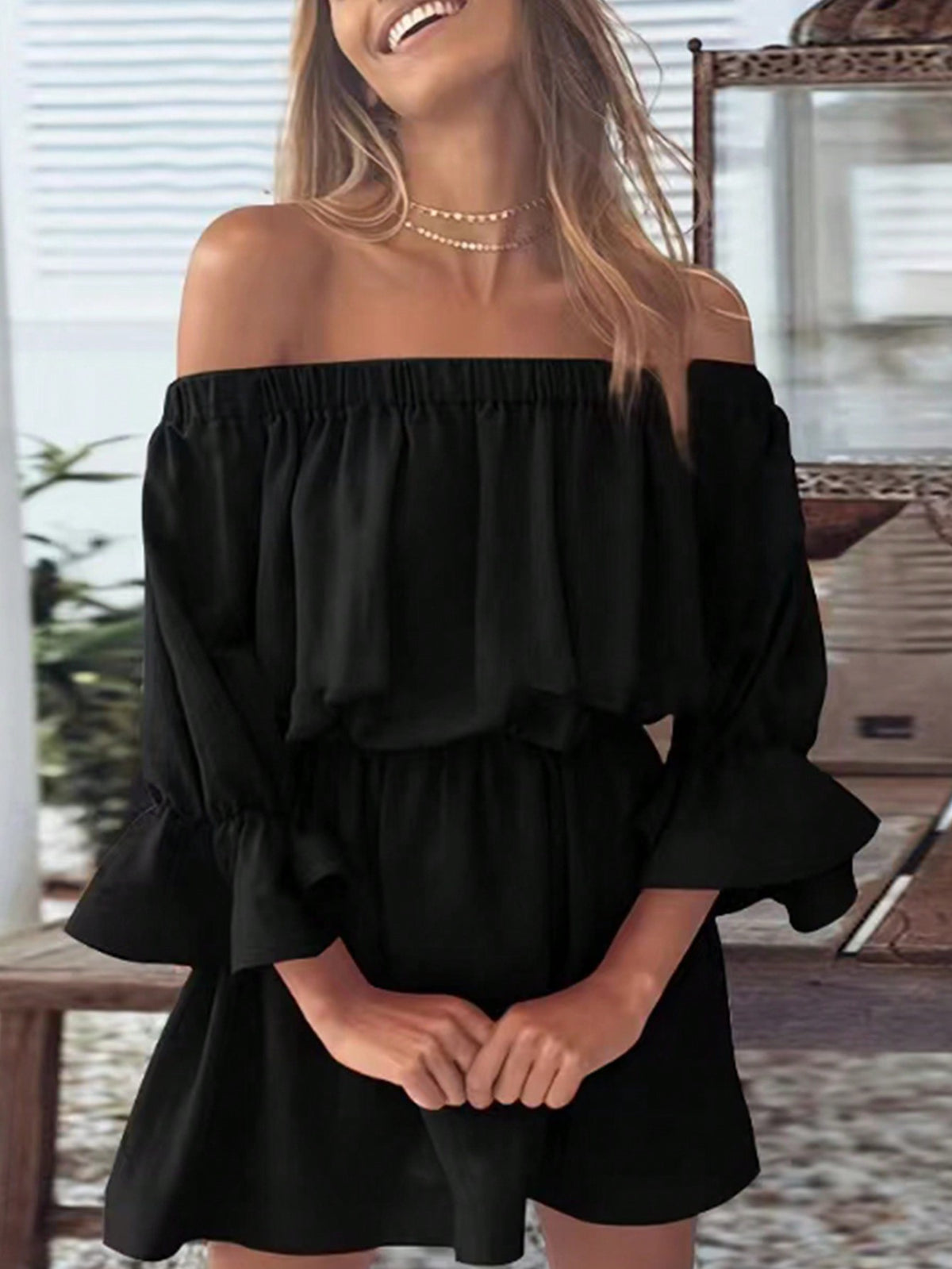 Women's Off Shoulder Flare Sleeve Dress