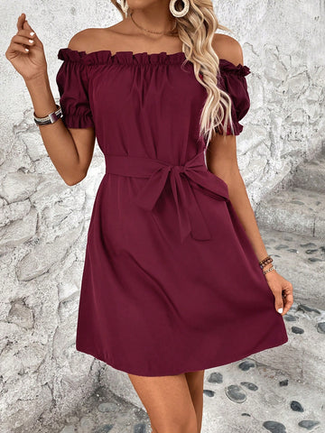 Women's Off Shoulder Frill Trim Bodycon Dress