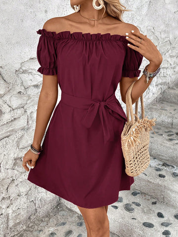Women's Off Shoulder Frill Trim Bodycon Dress