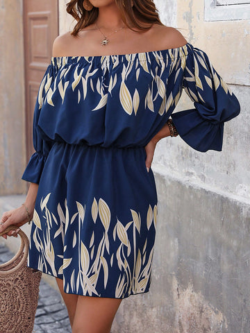 Women's Off Shoulder Plant Printed Dress