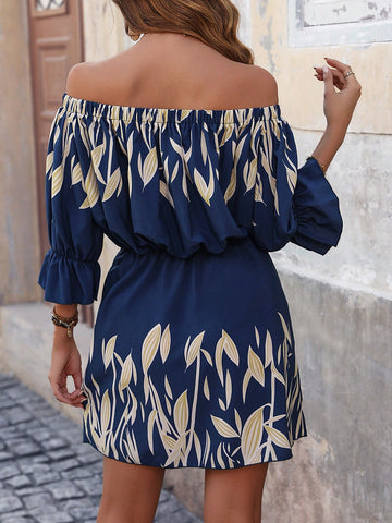 Women's Off Shoulder Plant Printed Dress