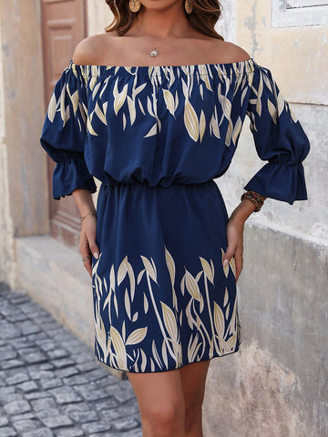 Women's Off Shoulder Plant Printed Dress
