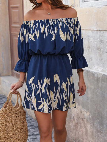 Women's Off Shoulder Plant Printed Dress