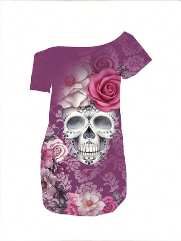 Women's Off Shoulder Skull Graphic Summer Dress
