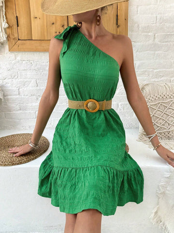 Women's One Shoulder Sleeveless Ruffled Hem Dress