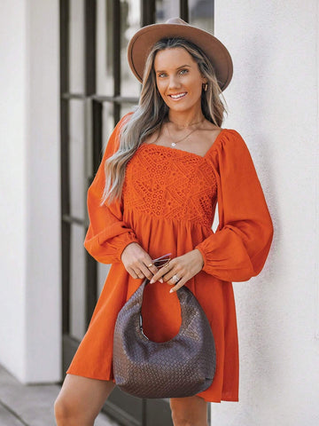 Women's Orange Square Neck Casual Mini Dress