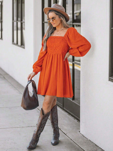 Women's Orange Square Neck Casual Mini Dress