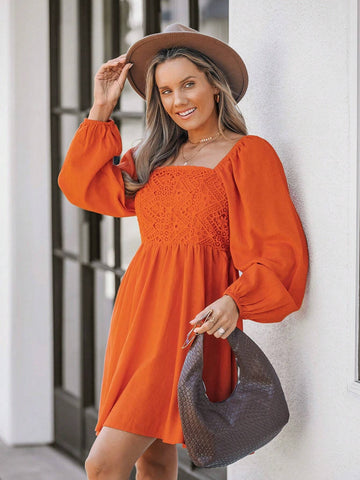 Women's Orange Square Neck Casual Mini Dress