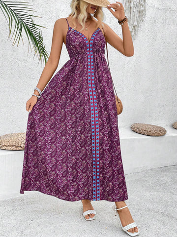Women's Paisley Printed Spaghetti Strap Maxi Dress