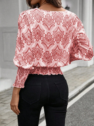 LUNE Women's Pattern Green 3/4 Sleeve Banded Waist Office Blouse, Autumn/Winter