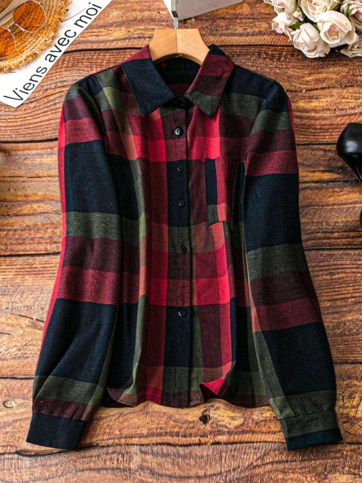 LUNE Women's Plaid Long Sleeve Single-Breasted Casual Shirt, Autumn