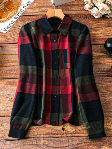 LUNE Women's Plaid Long Sleeve Single-Breasted Casual Shirt, Autumn