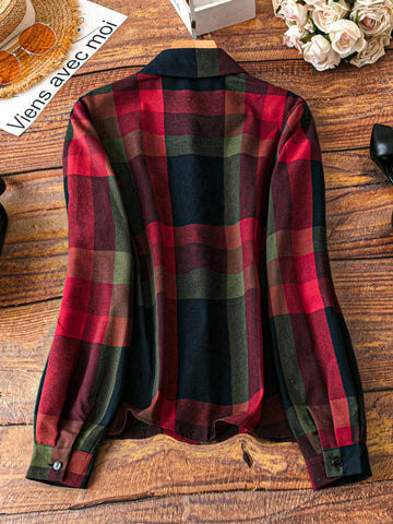 LUNE Women's Plaid Long Sleeve Single-Breasted Casual Shirt, Autumn